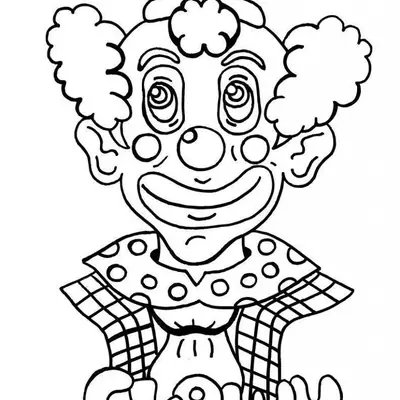 Desenho de contorno do busto de um palhaço com nariz redondo, gola de bolinhas, lenço xadrez e a palavra CLOWN escrita na base.