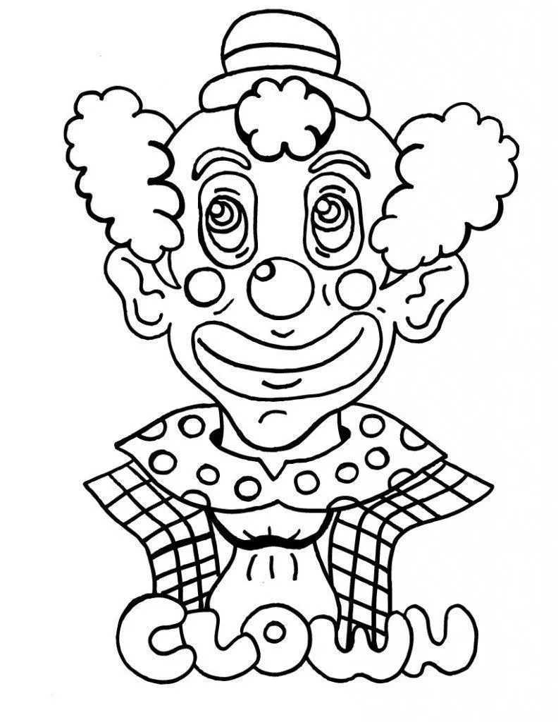 Desenho de contorno do busto de um palhaço com nariz redondo, gola de bolinhas, lenço xadrez e a palavra CLOWN escrita na base.