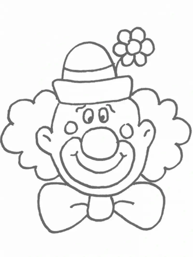 Desenho de contorno do rosto de um palhaço sorridente, com cabelos cacheados, nariz grande, gravata borboleta e uma flor no chapéu.
