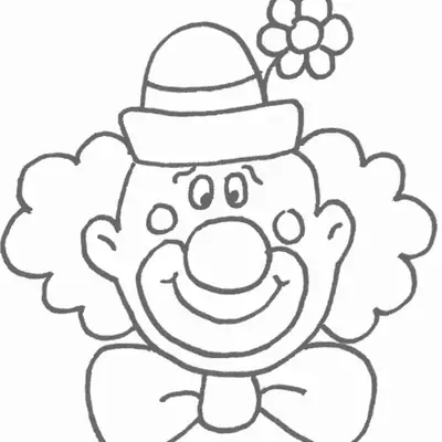 Desenho de contorno simples do rosto de um palhaço sorridente, com nariz redondo, bochechas marcadas, chapéu com flor e gravata borboleta.