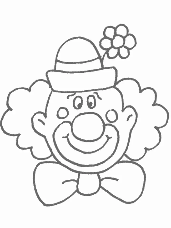 Desenho de contorno simples do rosto de um palhaço sorridente, com nariz redondo, bochechas marcadas, chapéu com flor e gravata borboleta.