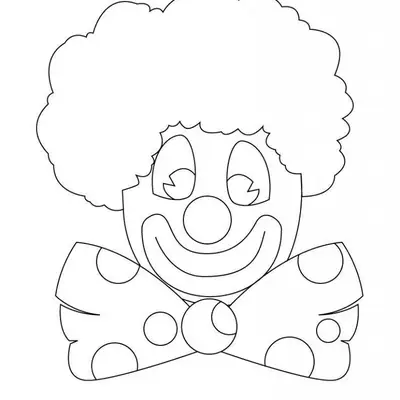 Desenho de contorno do rosto de um palhaço sorridente com cabelo grande e arredondado, nariz redondo e gravata borboleta com bolinhas.