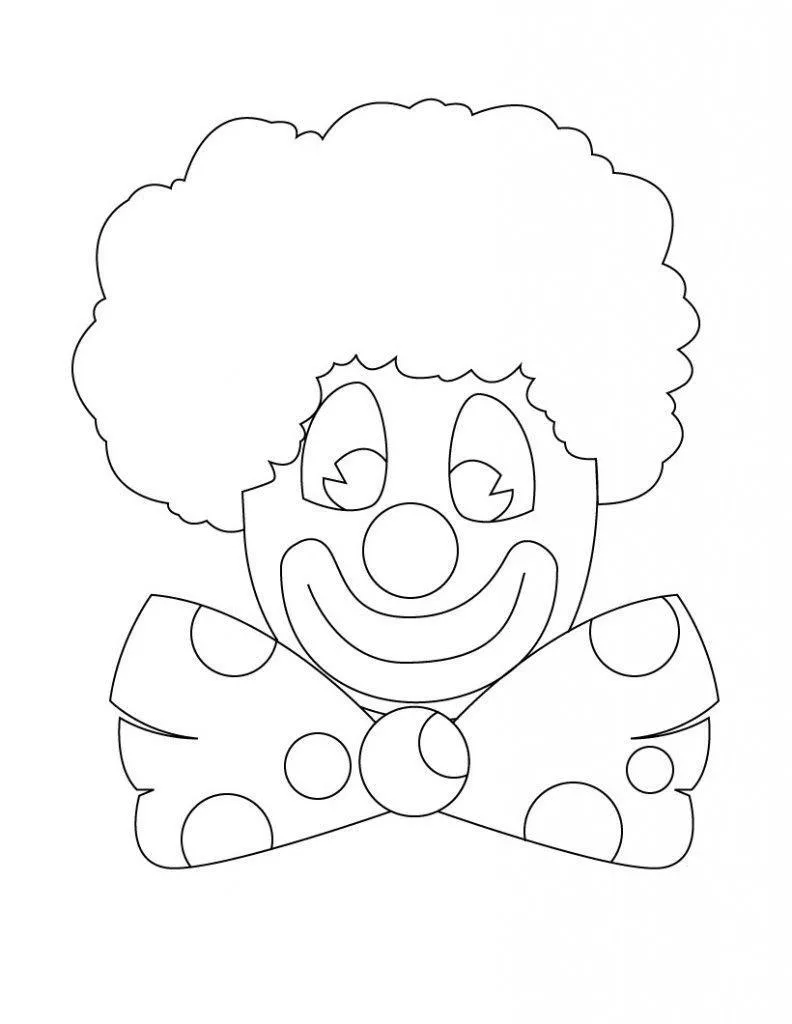 Desenho de contorno do rosto de um palhaço sorridente com cabelo grande e arredondado, nariz redondo e gravata borboleta com bolinhas.