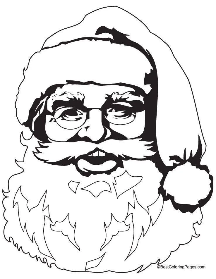 Desenho de contorno em preto e branco do rosto do Papai Noel sorrindo, usando óculos e gorro de Natal, com foco na barba detalhada.