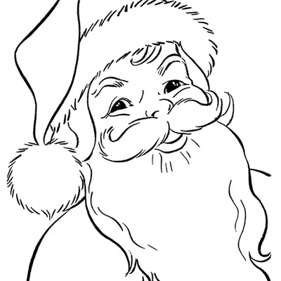 Desenho de contorno em close do rosto do Papai Noel, mostrando seus olhos sorridentes, bigode e barba longa e encaracolada.