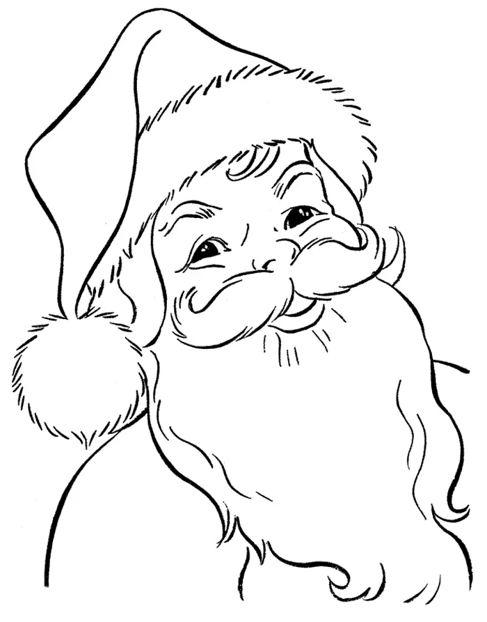 Desenho de contorno em close do rosto do Papai Noel, mostrando seus olhos sorridentes, bigode e barba longa e encaracolada.