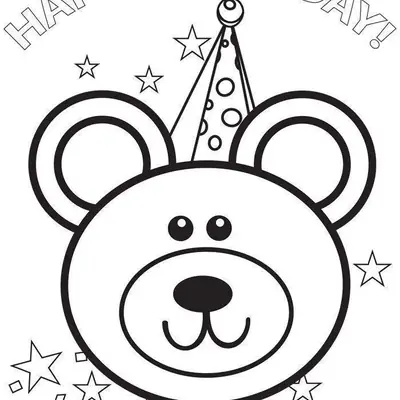 Desenho de contorno em close-up do rosto de um urso com chapéu de festa de bolinhas, estrelas ao redor e o texto 