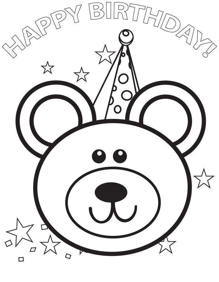 Desenho de contorno em close-up do rosto de um urso com chapéu de festa de bolinhas, estrelas ao redor e o texto "Happy Birthday!".