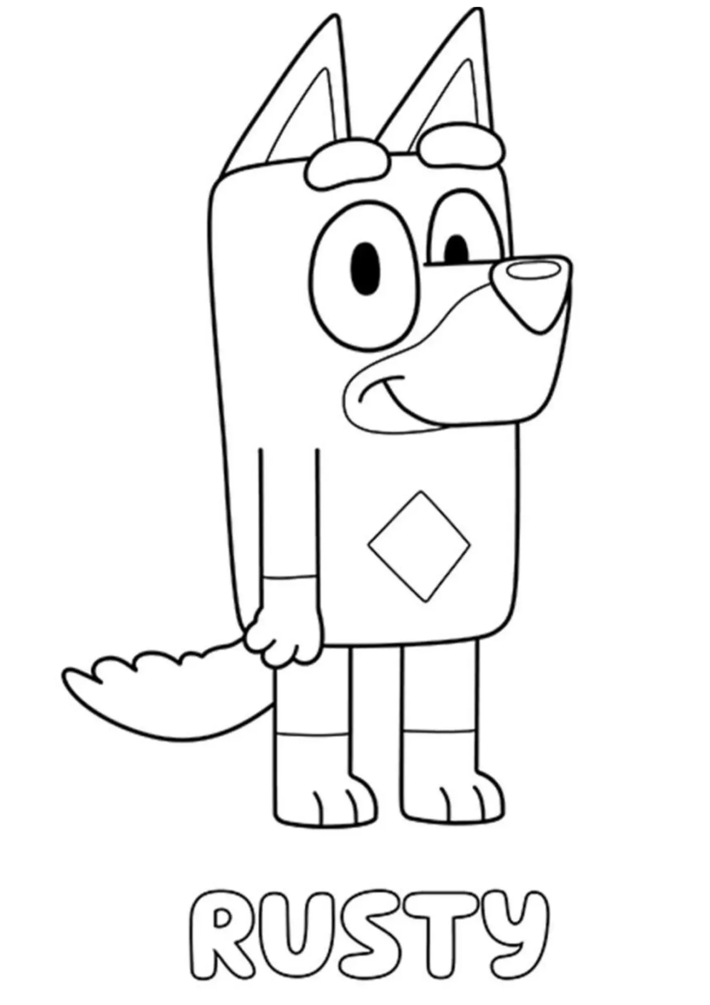 Desenho de contorno do personagem Rusty da série Bluey, em pé e sorrindo, com o nome "RUSTY" escrito abaixo em letras grandes.