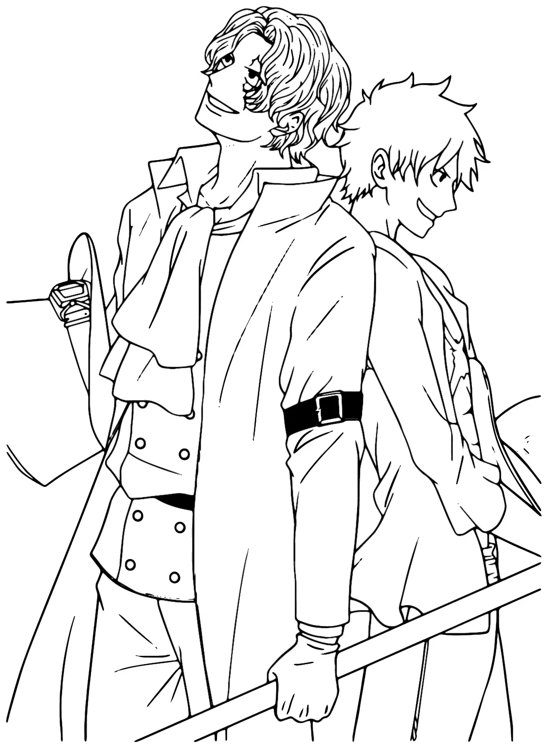 Desenho de contorno em preto e branco de Sabo e Luffy de costas um para o outro; Sabo usa seu sobretudo e Luffy seu colete clássico.