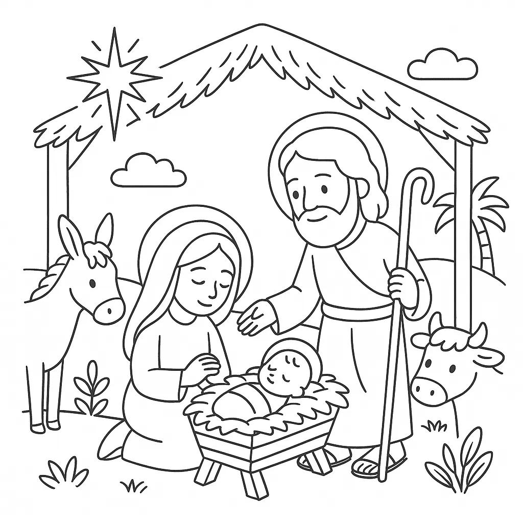 Desenho de contorno da Sagrada Família; Maria ajoelhada, José com um cajado e o Menino Jesus na manjedoura dentro de um estábulo simples com animais.