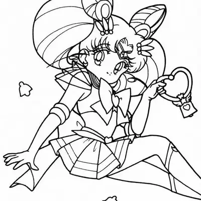 Desenho de contorno em preto e branco da Sailor Chibi Moon sentada, segurando um objeto em forma de coração, cercada por pequenos corações flutuantes.