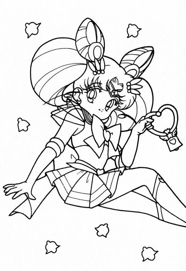 Desenho de contorno em preto e branco da Sailor Chibi Moon sentada, segurando um objeto em forma de coração, cercada por pequenos corações flutuantes.