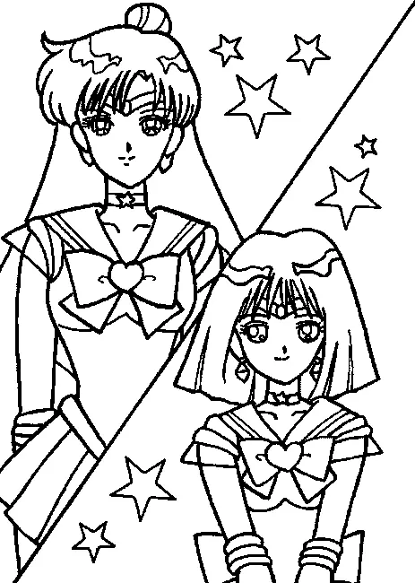 Desenho de contorno em preto e branco da Sailor Jupiter ao fundo e Sailor Saturn à frente, ambas com uniformes de marinheira e estrelas ao redor.