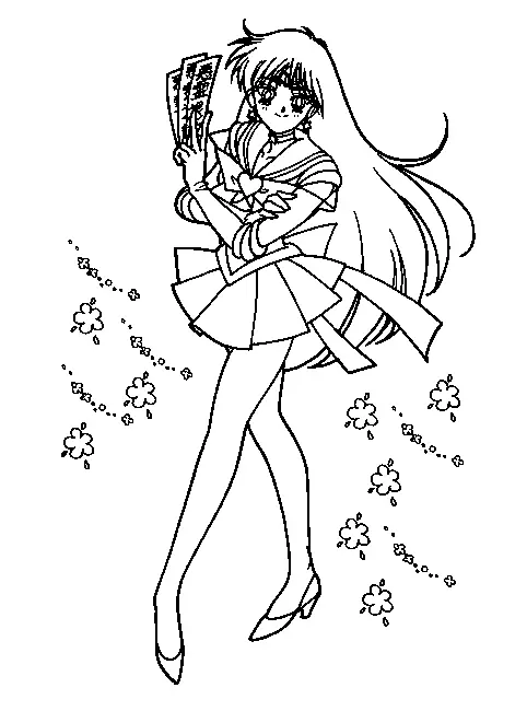 Desenho de contorno em preto e branco da Sailor Mars em pé, segurando três pergaminhos ofuda, cercada por pequenas flores e brilhos.