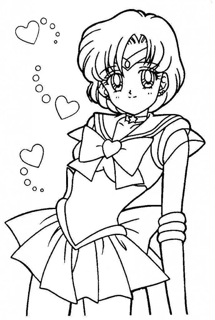 Desenho de contorno em preto e branco da Sailor Mercury (Ami Mizuno) em pé, com seu uniforme de marinheira, laço frontal e corações flutuando ao redor.