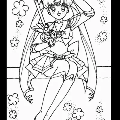 Desenho de contorno em preto e branco da Sailor Moon sentada, segurando um cetro com topo de coração, rodeada por flores de cinco pétalas e brilhos.