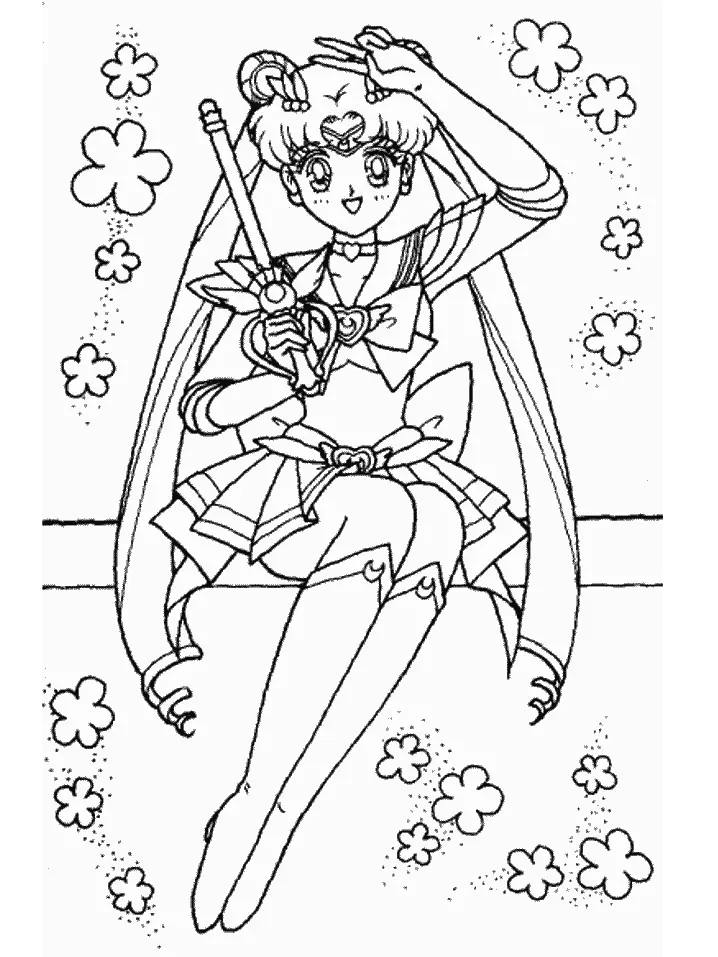 Desenho de contorno em preto e branco da Sailor Moon sentada, segurando um cetro com topo de coração, rodeada por flores de cinco pétalas e brilhos.