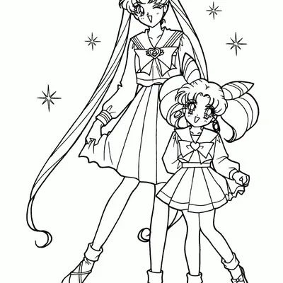 Desenho de contorno em preto e branco da Sailor Moon e Sailor Chibi Moon em pé, ambas sorrindo com seus penteados de coques e uniformes escolares de marinheira.