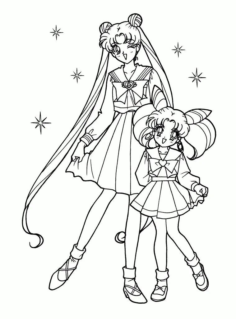 Desenho de contorno em preto e branco da Sailor Moon e Sailor Chibi Moon em pé, ambas sorrindo com seus penteados de coques e uniformes escolares de marinheira.