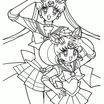 Desenho de contorno em preto e branco da Sailor Moon e Sailor Chibi Moon em pé, fazendo o sinal de V com os dedos e sorrindo.