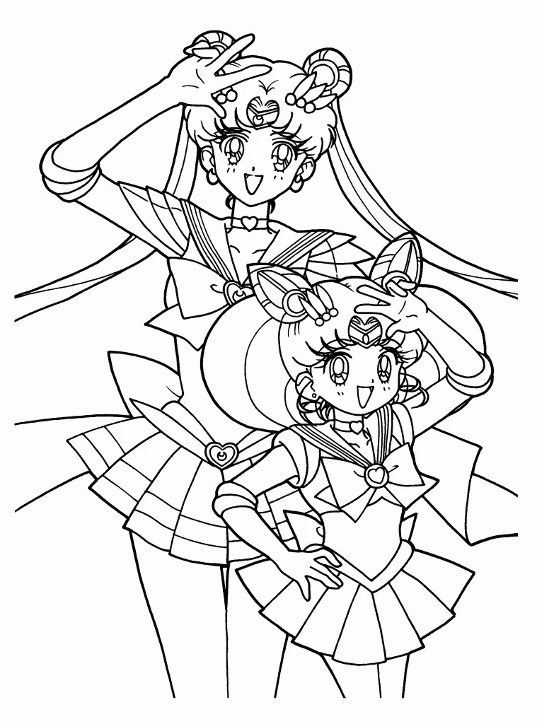 Desenho de contorno em preto e branco da Sailor Moon e Sailor Chibi Moon em pé, fazendo o sinal de V com os dedos e sorrindo.
