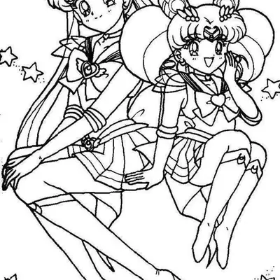 Desenho de contorno em preto e branco da Sailor Moon e Sailor Chibi Moon sentadas, ambas sorrindo com estrelas flutuando ao redor.