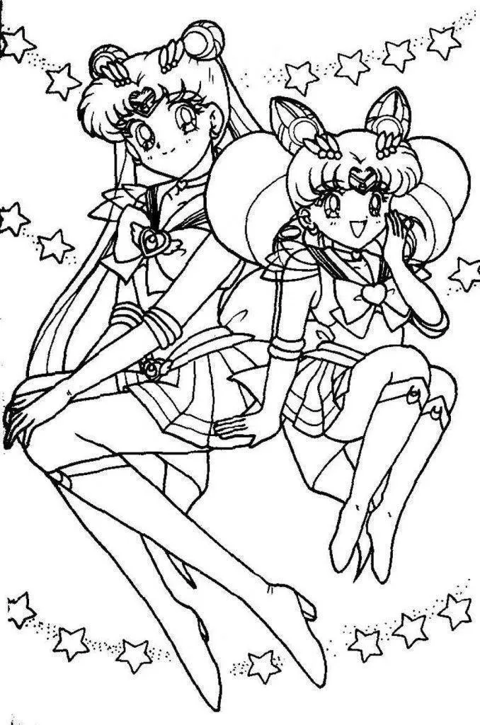 Desenho de contorno em preto e branco da Sailor Moon e Sailor Chibi Moon sentadas, ambas sorrindo com estrelas flutuando ao redor.