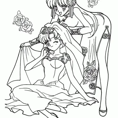 Desenho de contorno em preto e branco da Usagi Tsukino sentada com véu de noiva e Rei Hino de pé atrás dela, ambas em vestidos formais com rosas.