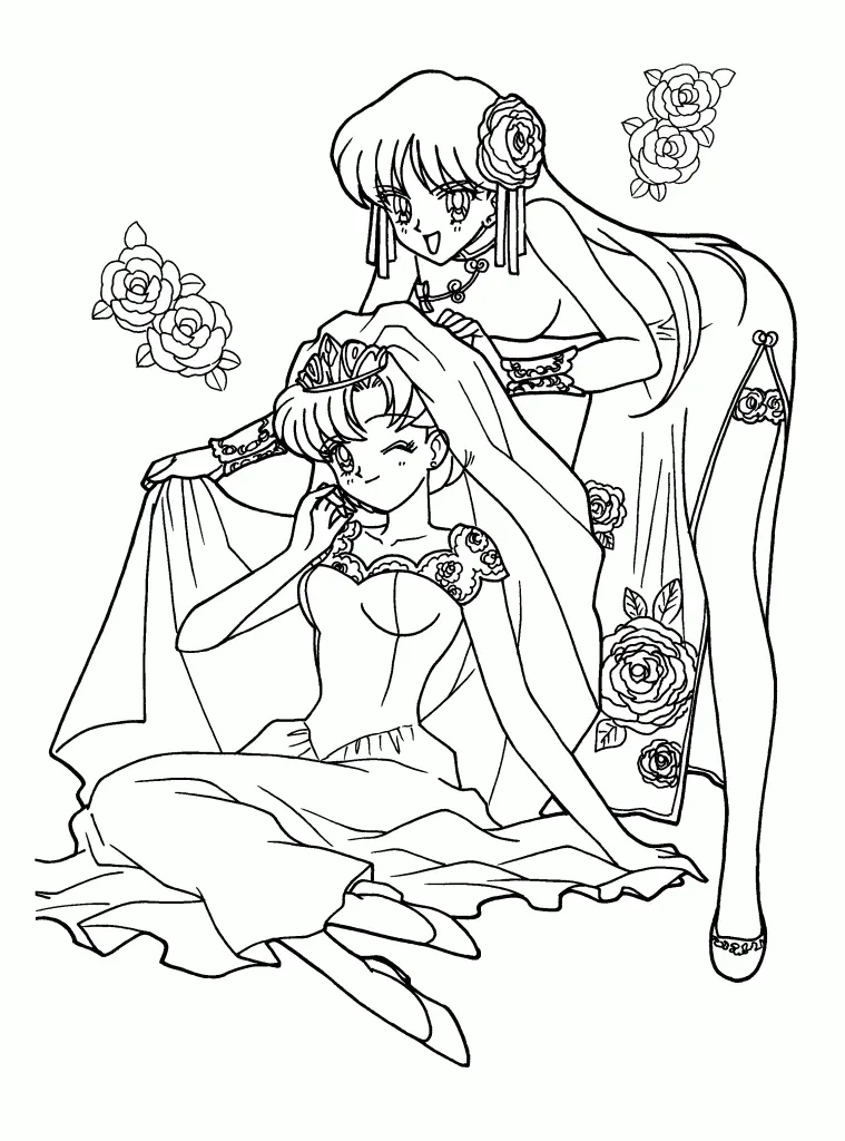 Desenho de contorno em preto e branco da Usagi Tsukino sentada com véu de noiva e Rei Hino de pé atrás dela, ambas em vestidos formais com rosas.