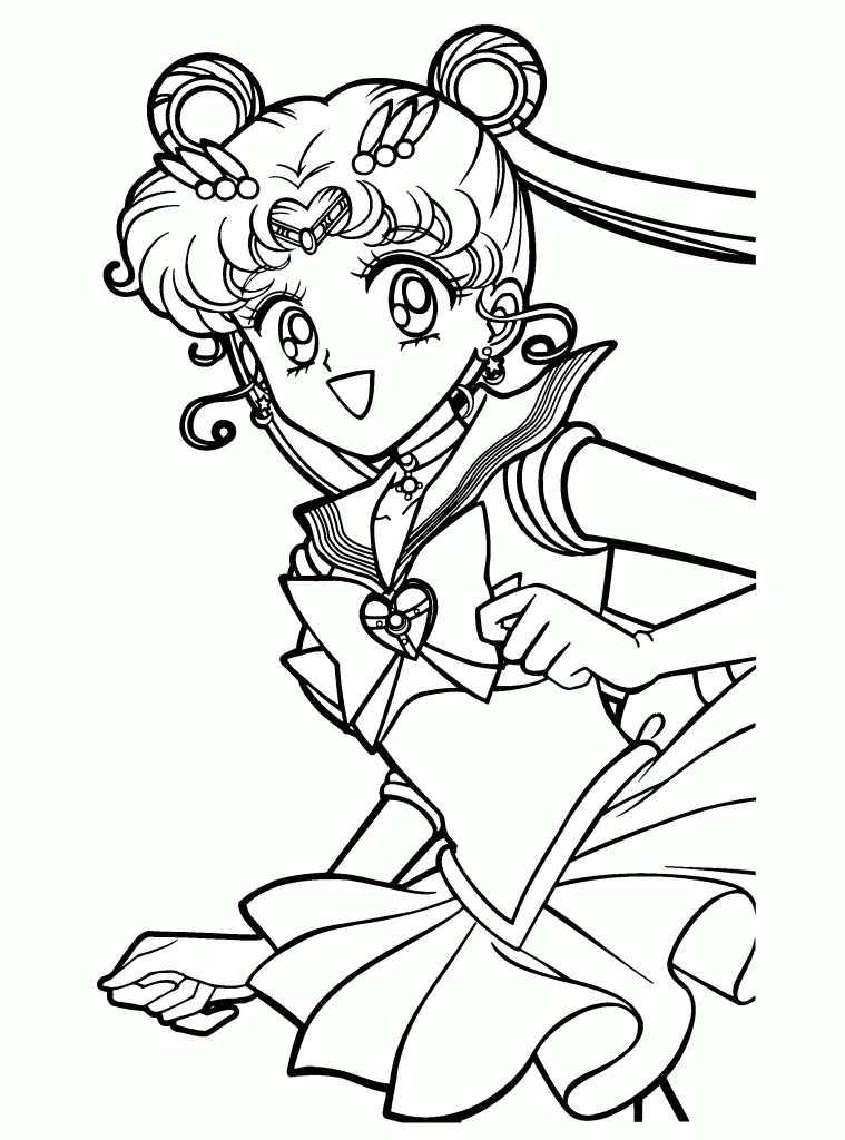 Desenho de contorno em preto e branco da Sailor Moon em pose de movimento, mostrando seu uniforme de marinheira, broche de coração e longos cabelos.