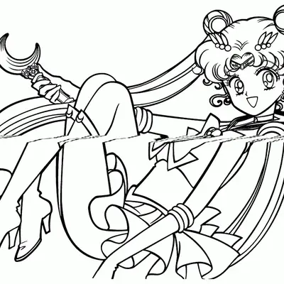 Desenho de contorno em preto e branco da Sailor Moon sentada, segurando o Cetro Lunar, com seus longos cabelos 