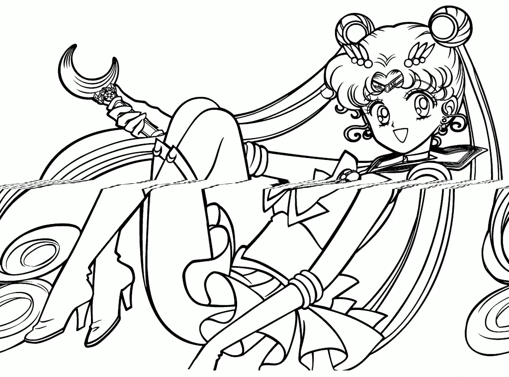 Desenho de contorno em preto e branco da Sailor Moon sentada, segurando o Cetro Lunar, com seus longos cabelos "odango" e uniforme de marinheira.