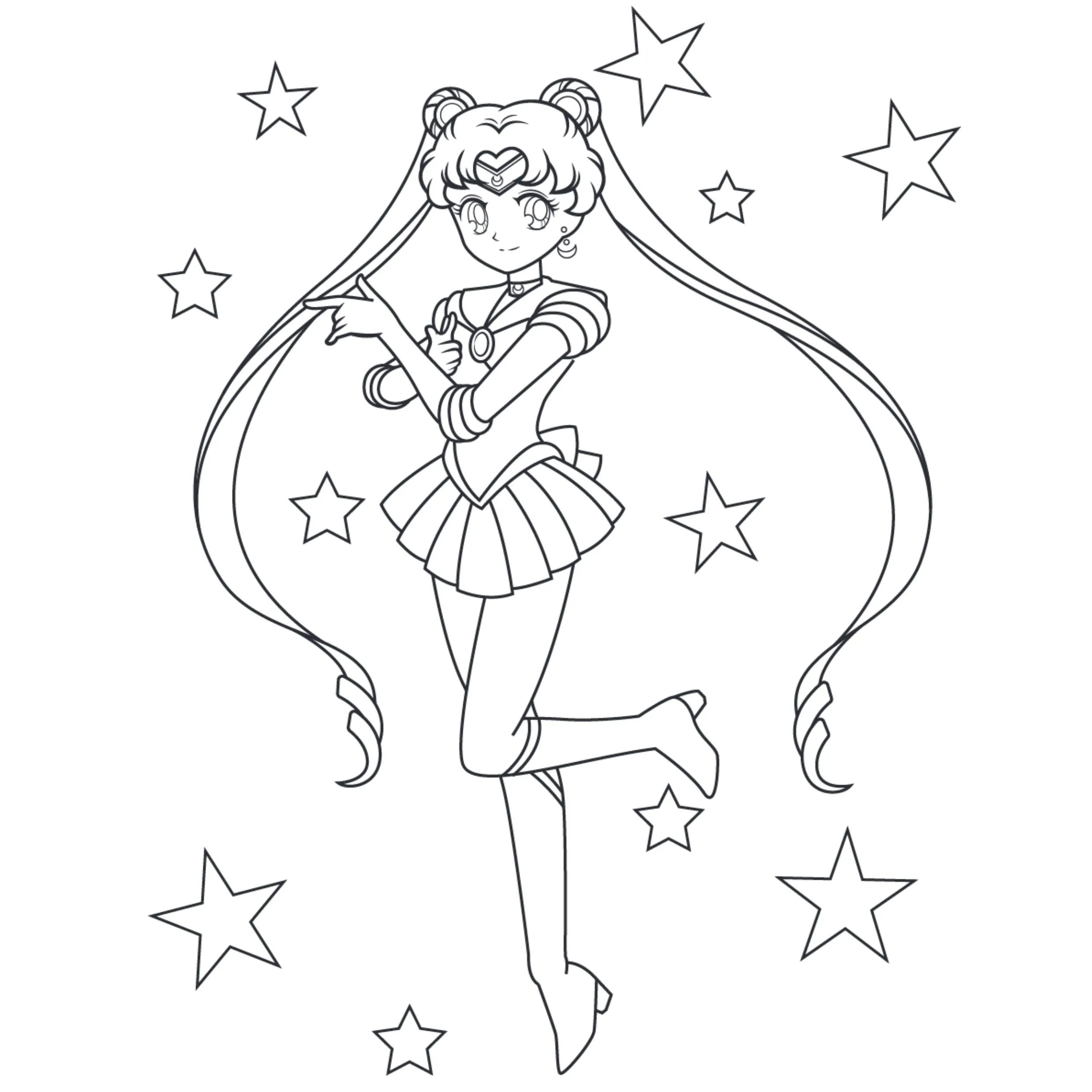 Desenho de contorno em preto e branco da Sailor Moon de corpo inteiro, usando seu uniforme de marinheira e cercada por estrelas de vários tamanhos.