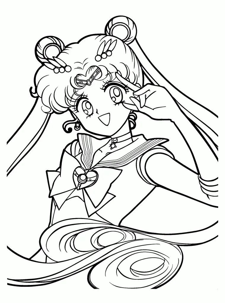 Desenho de contorno em preto e branco da Sailor Moon sorrindo, com seus coques de cabelo característicos, uniforme de marinheira e laço com broche de coração.