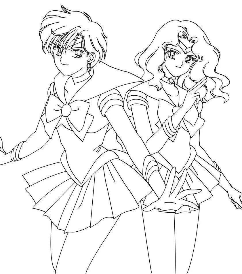 Desenho de contorno em preto e branco das guerreiras Sailor Uranus e Sailor Neptune de costas uma para a outra, usando seus uniformes de marinheira.