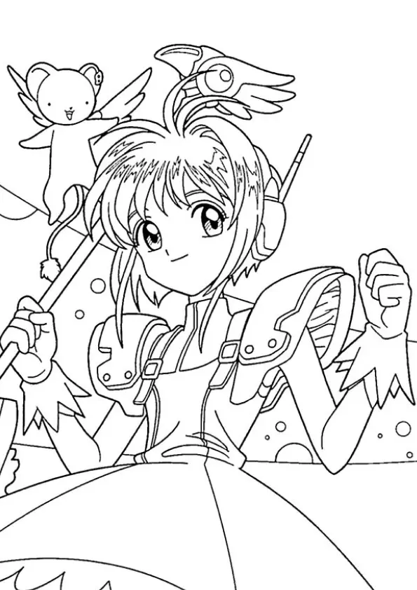 Desenho de contorno em preto e branco de Sakura Kinomoto segurando um báculo com cabeça de pássaro e Kero voando ao fundo em um cenário com bolhas.