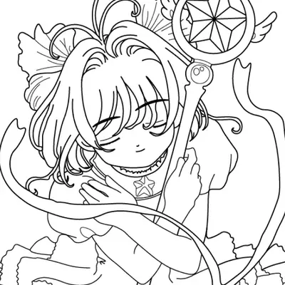 Desenho de Sakura Kinomoto com o Báculo Estrela para Colorir