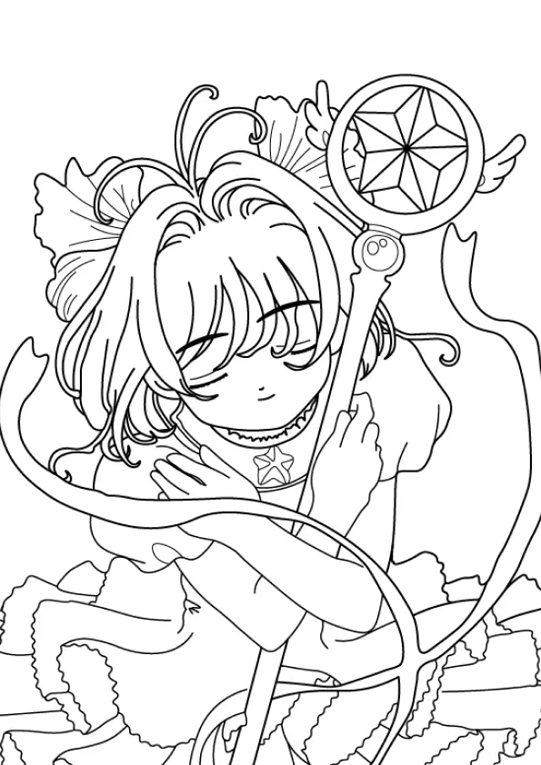 Desenho de contorno em preto e branco de Sakura Kinomoto do anime Sakura Card Captor. Ela está de olhos fechados, abraçando seu cajado mágico com uma estrela no topo.