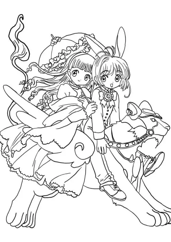 Desenho de contorno em preto e branco de Sakura Kinomoto com orelhas de coelho e Tomoyo com um guarda-sol, ambas montadas em uma grande criatura mágica com asas.