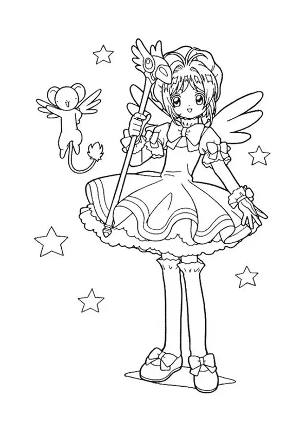 Desenho de contorno em preto e branco de Sakura Kinomoto com vestido de babados, báculo selador e asas, flutuando com Kero e várias estrelas.
