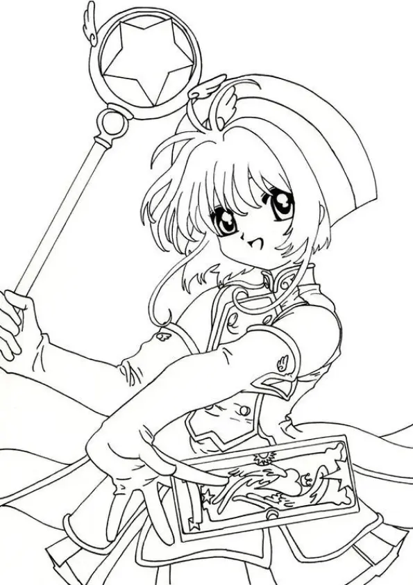 Desenho de contorno da Sakura Kinomoto segurando seu báculo mágico com uma mão e apontando para uma carta que flutua à sua frente.