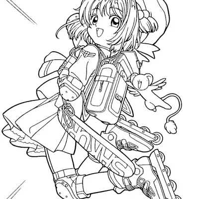 Desenho de contorno da Sakura Kinomoto usando patins, joelheiras e mochila, saltando alegremente enquanto o personagem Kero voa próximo a ela.