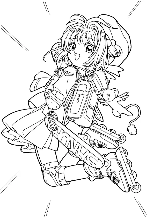 Desenho de contorno da Sakura Kinomoto usando patins, joelheiras e mochila, saltando alegremente enquanto o personagem Kero voa próximo a ela.