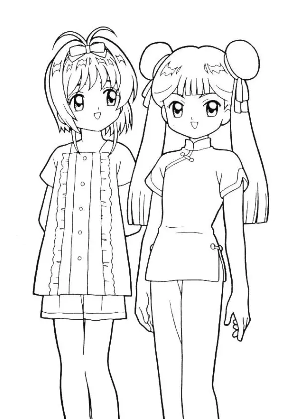 Desenho de contorno da Sakura Kinomoto com pijama de babados e Meiling Li com seu penteado clássico de coques e traje estilo chinês.