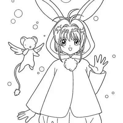 Desenho de contorno da Sakura Kinomoto usando um casaco com capuz de orelhas longas de coelho e pompom, acenando com a mão, ao lado do Kero voador.