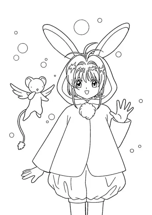 Desenho de contorno da Sakura Kinomoto usando um casaco com capuz de orelhas longas de coelho e pompom, acenando com a mão, ao lado do Kero voador.