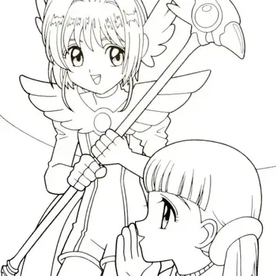 Desenho de contorno da Sakura Kinomoto segurando o báculo selado com traje de asas e ombreiras, ao lado da Tomoyo Daidouji que está com a mão no rosto.