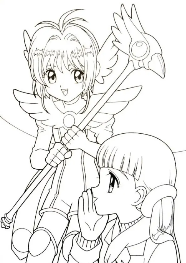 Desenho de contorno da Sakura Kinomoto segurando o báculo selado com traje de asas e ombreiras, ao lado da Tomoyo Daidouji que está com a mão no rosto.