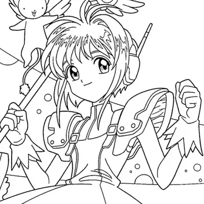 Desenho de contorno da Sakura Kinomoto sorrindo com um traje de batalha que possui ombreiras e um detalhe de asa na cabeça; Kero voa ao fundo.